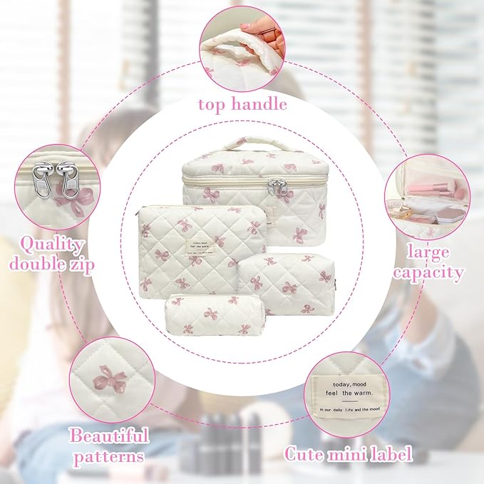 Quilted Makeup Bag, Large Capacity Travel Cosmetic Bag for Women and Girls, Aesthetic Storage for Daily and Travel Use (4pcs-pinkbow)