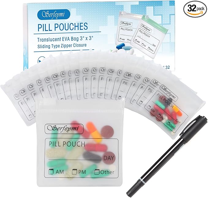 Serfeymi 32 Pcs Pill Pouch Bags for Travel Reusable Plastic Bags 3 x 3 Inches 12 mil (Double Sided) Translucent Zippered Pill Pouches for Medicine with Slide Lock & Writable Label，1 Pc Marker - White
