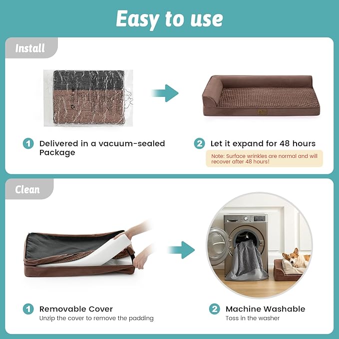 COZY KISS Orthopedic Dog Bed for Large Size Dog, XL Dogs Crate Bed, L Shaped Foam Anti-Slip Bottom Pet Cat Sofa with Washable Removable Cover, Suitable for Pet Up to 100 lbs, 44x32x7 inch, Brown