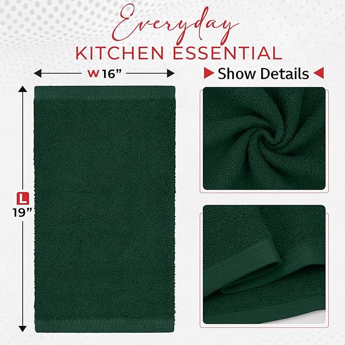 Riverside Bar Mop Towels Pack of 12, 16x19 Inches, 100% Ring Spun Cotton Terry Cloth Kitchen Towel, Highly Absorbent & Reusable Multipurpose Cleaning Rags for Bathroom, Hotel, Restaurant, Hunter Green