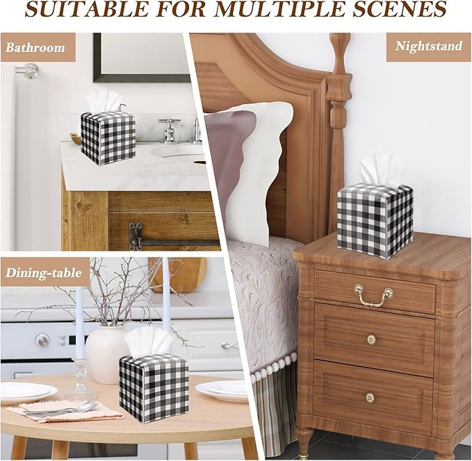 Black and White Buffalo Plaid Tissue Box Cover Square, Leather Tissue Holder with Bottom Belt, for Nightstands Desks Office Bathroom Car Vanity Home Decor Supplies -009