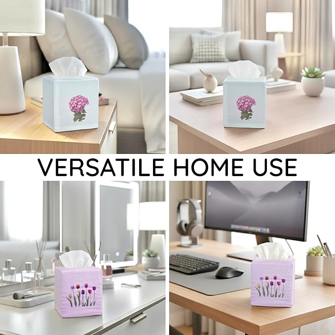 EmbroideryLinen.VN Tissue Box Cover Set of 2, Square Linen Tissue Holder, Printed Floral Design, 4.5x4.5x5.5 Inches, Decorative Holder for Bathroom, Living Room, Office (Tulip & Hydrangea)