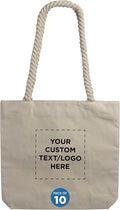 DISCOUNT PROMOS Custom Pristine Cove Canvas Tote with Rope Handles (Set of 10), Personalized Bulk Pack - Beach, Travel, Eco-Friendly - Natural Color, 14.75"X13.5", 12 OZ Cotton, with Zipper