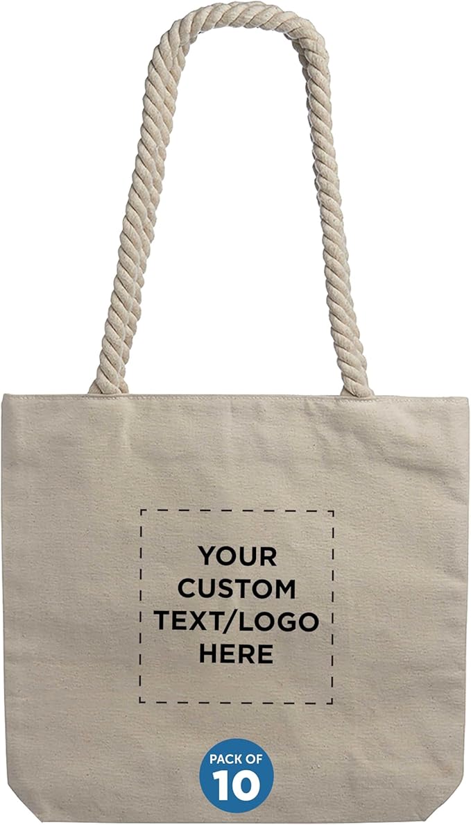 DISCOUNT PROMOS Custom Pristine Cove Canvas Tote with Rope Handles (Set of 10), Personalized Bulk Pack - Beach, Travel, Eco-Friendly - Natural Color, 14.75"X13.5", 12 OZ Cotton, with Zipper