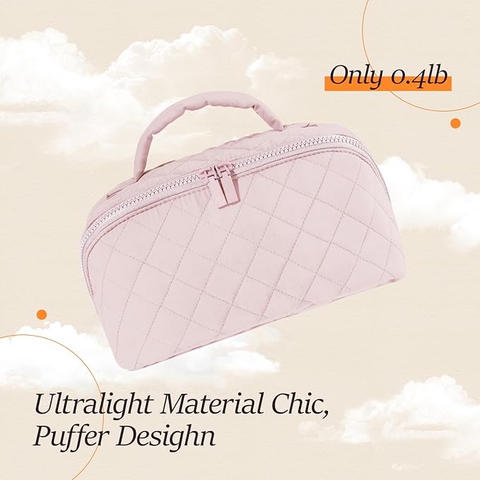 Makeup Bag for Women, Wide Open Lay-Flat Water-Resistant Cosmetic Case, Festivalment Makeup Bag, Spacious 180° Open Cosmetic Organizer for Toiletries & Brushes Large Capacity with Compartments (Pink)
