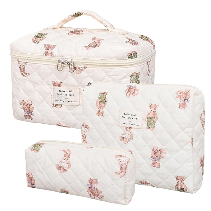 honitty Makeup Bag,Quilted Cosmetic Bag,Large Floral Make Up Bag for Women,Cotton Makeup Bag Set,Flower Travel Toiletry Bag