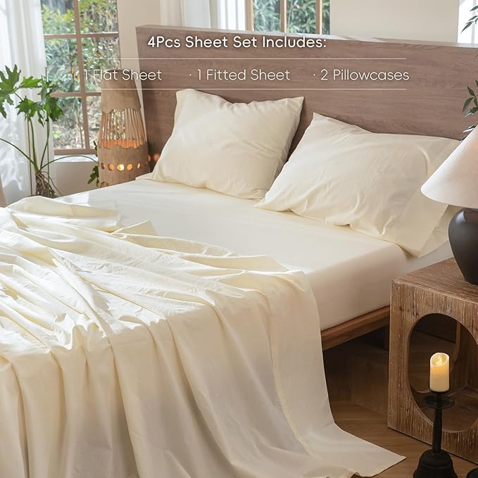MooMee Bedding Sheet Set 100% Washed Cotton Linen Like Textured Breathable Durable Soft Comfy (Solid Cream White, Queen)
