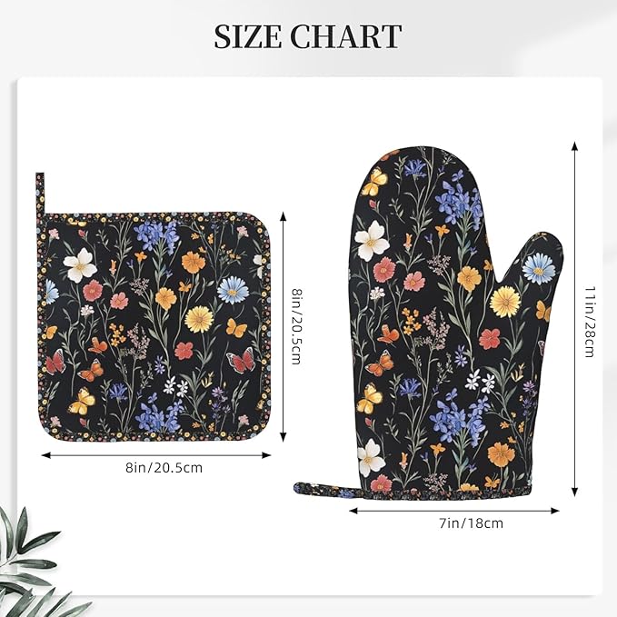 Oven Mitts Pot Holders Set Vintage Botanical Flower Wildflower Silicone Kitchen Gloves Potholders Heat Resistant for Chef Baking Cooking Grilling BBQ 4 Pack Mitt