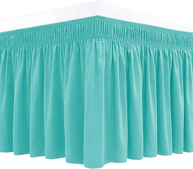 Biscaynebay Wrap Around Bed Skirts for Queen Beds 17" Long Drop, Aqua Adjustable Elastic Dust Ruffles Easy Fit Wrinkle Resistant Silky Luxurious Fabric Machine Washable