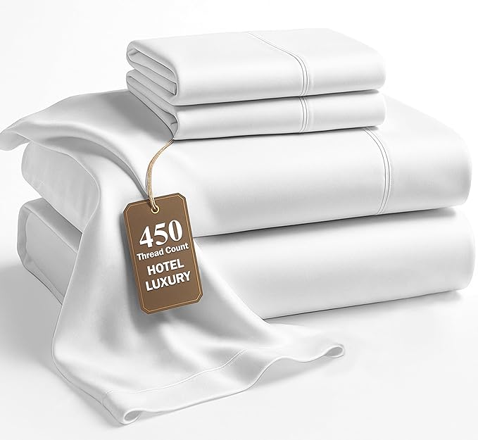 LANE LINEN King Size Sheets Set – 450 Thread Count Long-Staple 100% Cotton Sheets, Naturally Cool & Durable for Everyday Use, 15" Deep Pocket Fitted Sheet with All-Around Elastic for Snug Fit – White