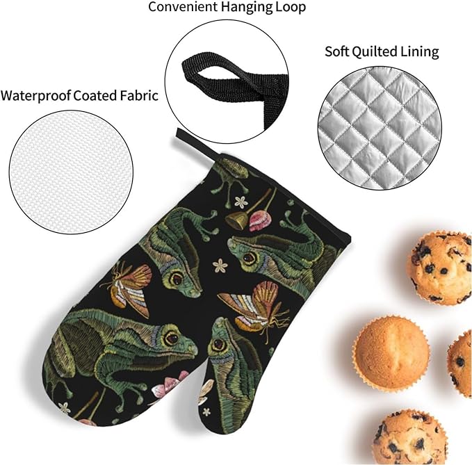 Vintage Frogs Lotus Flowers Oven Mitts and Pot Holders 4 Pcs Set Oven Gloves and Potholders for Cooking Microwave BBQ Baking Grilling