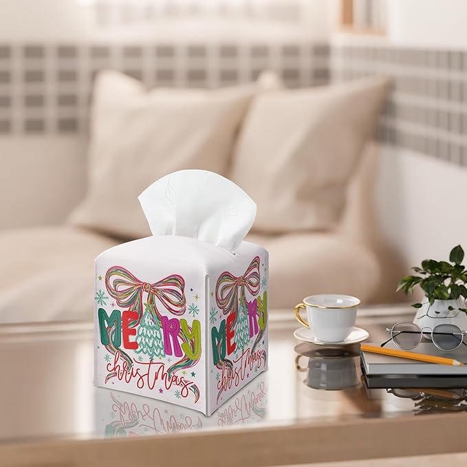 Merry Christmas Tissue Box Holder, Bow Christmas Tree Leather Tissue Box Cover Square, Paper Facial Decorative Tissues Cover for Night Stands Bathroom Kitchen Office Home Decor-B28