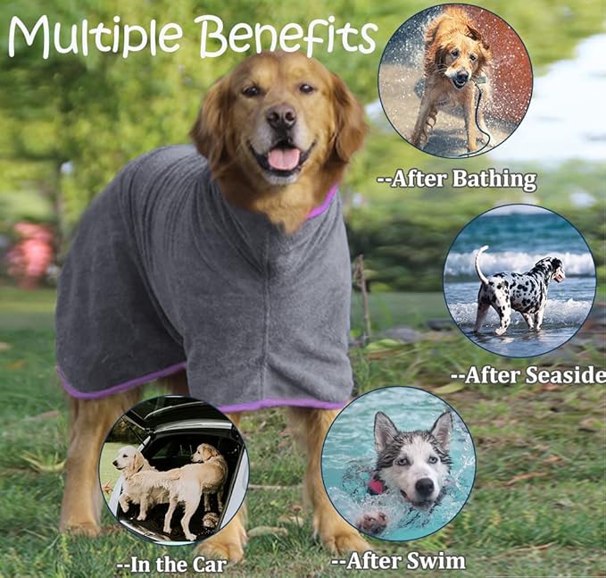 HhiMyOct Dog Drying Coat, Microfiber Dog Drying Bag - Absorbent Pet Bathrobe for Dogs & Cats, Adjustable Collar & Belly Strap, Fast Drying Coat, Large, Grey