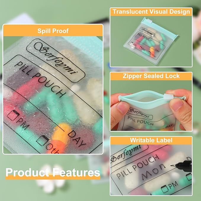 Serfeymi 72 Pcs Pill Pouch Bags for Travel Reusable Plastic Bags 3"x3" 12 mil (Double Sided) Translucent Zipper Pill Pouches for Medicine with Slide Lock & Writable Label, 1x Marker-Green+White