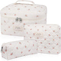Makeup Bag Set, Quilted Makeup Bag, Large Floral Cosmetic Bag for Women, Cute Cotton Makeup Bags, Flower Travel Toiletry Organizer Bag(Plaid Floer)