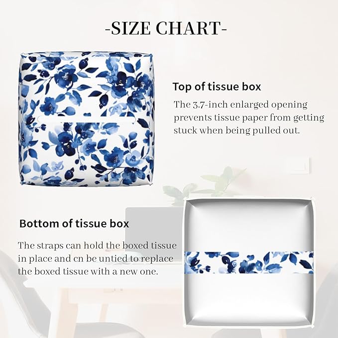 Tissue Box Cover Square, Sweet Blue Flower Watercolor Leather Tissue Box Holder Decorative Organizer for Bathroom, Home Office Car Decor