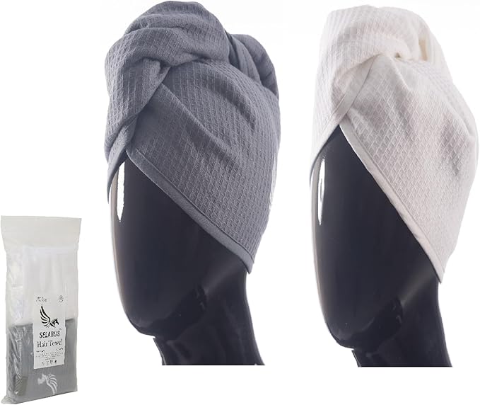 SELARUS 100% Turkish Cotton Hair Towel Wrap for Women,Non Microfiber,Super Absorbent,AntiFrizz,Plopping Hair Drying Waffle Bath Towels for Curly,Long&Thick Hairs,Head Wrap,2 Pack10x26inc (Grey+White)