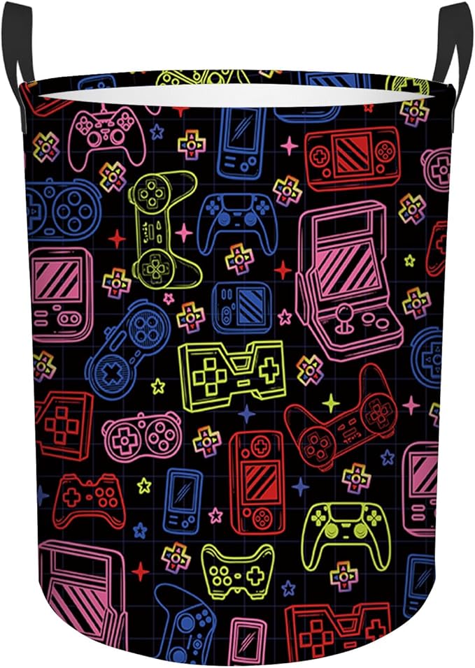 Game Gaming Laundry Basket, 43L Round Oxford Cloth Laundry Hamper, Waterproof Collapsible Storage Organizer Bin with Handles for Toys, Nursery Home Storage, Gift for Chritsmas Thanksgiving 13.8x17.7