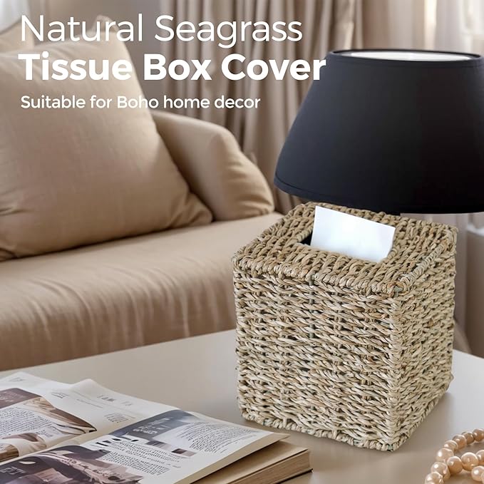 KALEKAIL Seagrass Tissue Box Cover, Wicker Tissue Box Holder Square, Boho Decorative Woven Tissue Cover Facial Cube Tissue Holders for Bathroom Living Room Kitchen, Natural