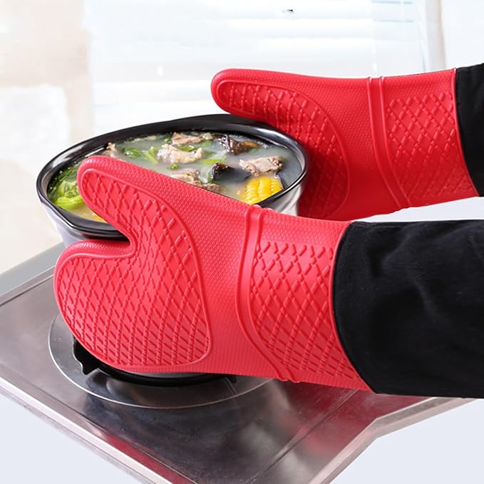 Extra Long Silicone Oven Mitts Heavy Duty Commercial Grade Oven Mitts Heat Resistant BBQ Gloves with Quilted Cotton Lining 2 Pack (Red)