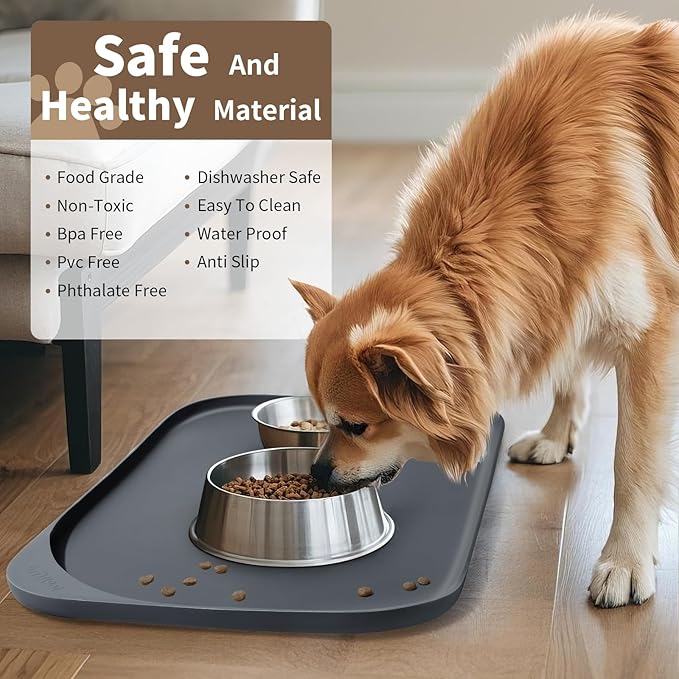 Smilool Silicone Pet Food Mat with Raised Edge for Food and Water Bowl, Dog Feeding Mats, Cat Food Trays for Floor Waterproof, Rubber Tray for Dogs and Cats, 17 x 12 x 0.7 Dark Gray