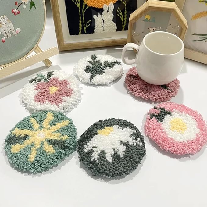 Allazone Punch Needle Kits, Punch Needle Coasters Kit, Punch Embroidery Kit with Felt Yarns Hoop Tools for DIY Coaster Crafts (Flowers)