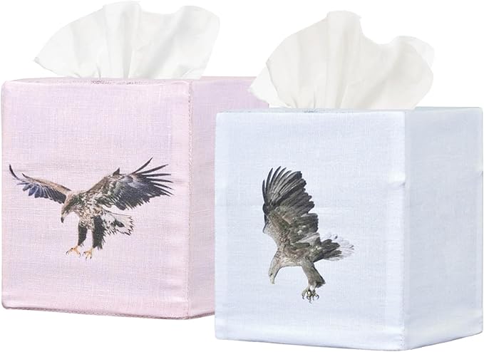 EmbroideryLinen.VN Tissue Box Cover Set of 2, Square Linen Tissue Holder, Printed Animal Pattern, 4.5x4.5x5.5 Inches, Decorative Holder for Bathroom, Living Room, Office (Eagle)