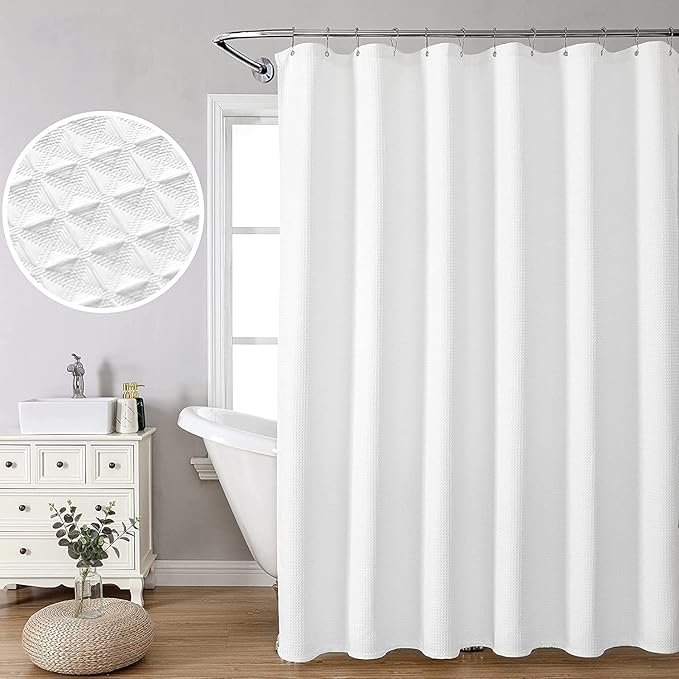 MISS SELECTEX Matt Waffle White Shower Curtain for Bathroom, Waterproof 230 GSM Heavy Duty Durable Fabric Hotel Shower Curtain,Machine Washable Thick Cloth Shower Curtains(72Wx96H, White)