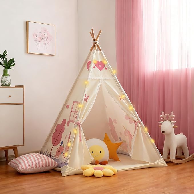 Duwenem Teepee Tent for Kids, Play Tent with Padded Mat & Star Lights, Indoor Play Tent for Girls & Boys, Pink Unicorn