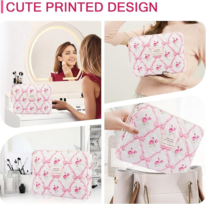 Gosect Floral Makeup Bag, Small Cosmetic Bag for Women Girls, Cute Cotton Makeup Bag, Quilted Makeup Bags, Flower Travel Toiletry Organizer Bag(Pink bow ties)