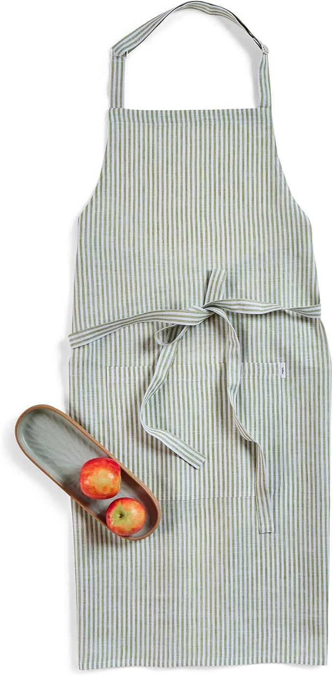 Solino Home 100% Pure Linen Apron for Women & Men - Full Midi Bib Apron Adjustable Neck Strap with Center Pockets for Kitchen