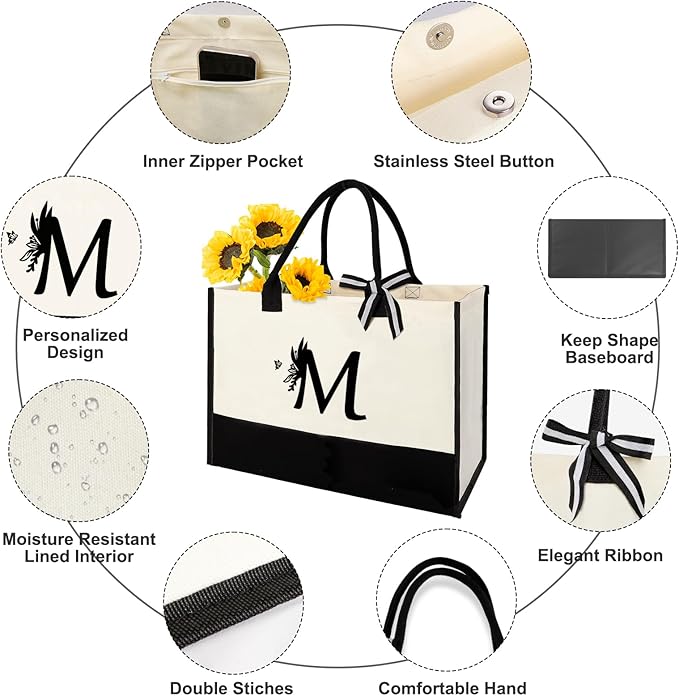 Personalized Gifts for Women - Initial Canvas Tote Bag & Makeup Bag, Custom Bags for Beach, Christmas, Wedding, Birthday, Holiday, Monogram Birthday Gifts for Women, Mom, Wife, Teacher, Friend - M
