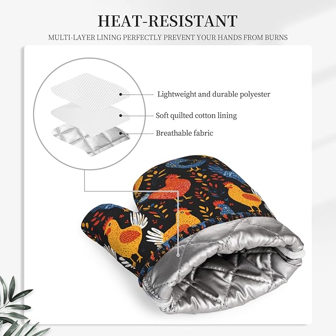 Heat Resistant Oven Mitts 2 Pack, 500°F Silicone Oven Gloves with Non-Slip Grip, Soft Quilted Cotton Lining for Baking, Grilling, BBQ, Cooking (Rooster)