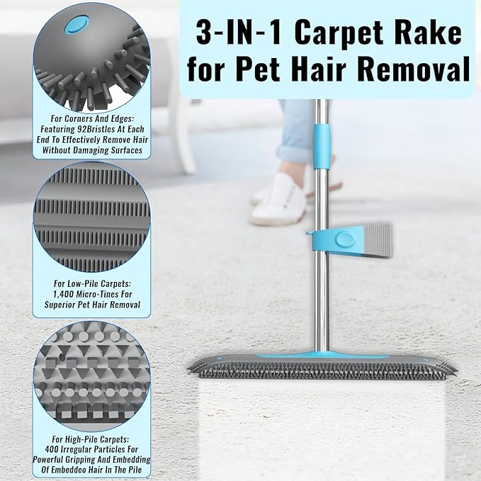 OKcedier Carpet Rake for Pet Hair Removal Tool, 3 in 1 Carpet Scraper with 59" Adjustable Handle, Silicone Rug Rake for Dog & Cat Hair, Pet Hair Remover for Furniture, Couch, Pet Bed & Car Interior