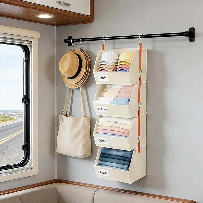 Baesyhom 4 Pcs Modular Closet Organizer - Detachable & Foldable Hanging Storage Cubes, 88L Total Capacity, Heavy Duty Fabric Shelves for Wardrobe, Closet Organization, RV, Dorm, Beige