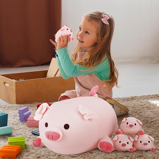 Achwishap 5PCS Pig Family,Pig Stuffed Animal Mommy with 4 Pig Babies Plush,Cute Pig Plush Pillow Cushion Doll,Kawaii Pig Plush Toy Hugging Pillow for Kid Birthday Gift Adult Valentines(16” Pig Family)