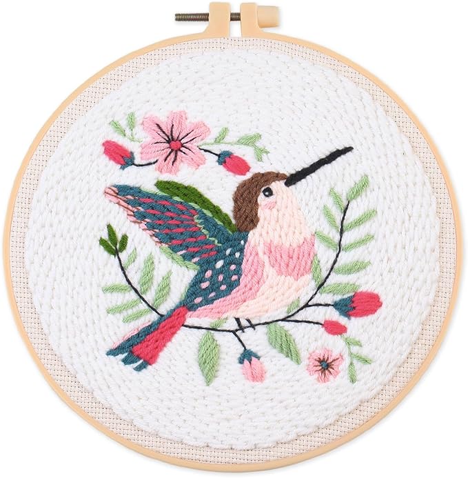 Myfelicity Punch Needle Embroidery Kit, Beginner Craft Set with Animal Pattern Design, 7.9 Inch Hoop (Hummingbird)