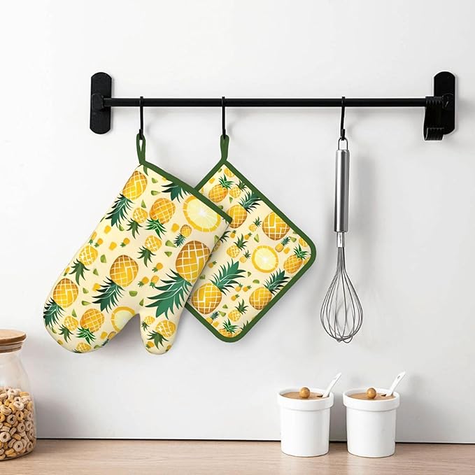 Oven Mitts and Potholders Funny Pineapple Silicone Glove Heat Resistant, Kitchen Gloves for Cooking, 2-Piece Set
