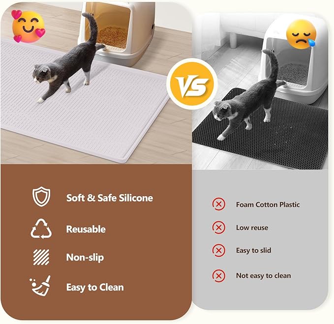 Bartuke Large Cat Litter Mat with Toy Ball, 38'' x 25'' Silicone Cat Litter Trapping Mat for Scatter Control, Soft on Kitty Paws, Easy to Clean (White)