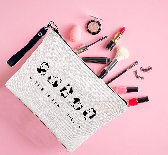 Finpletai Cute Panda Makeup Bag, This is How I Roll Cosmetic Bag, Panda Lover Gifts, Funny Panda Bag for Women Girls Sister Daughter Linen Zipper Travel Toiletry Bag(Roll Panda)