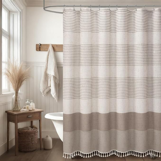XOGUIBO Taupe Shower Curtain Farmhouse Linen Striped Shower Curtains for Bathroom with Tassel 72 X 72