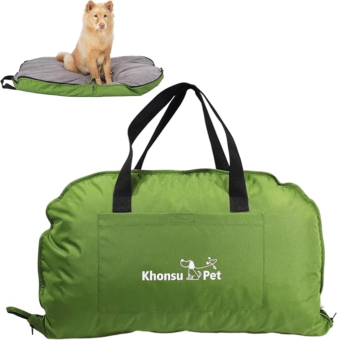 Portable Waterproof Dog Mat for Camping, Patio & Travel - Foldable Outdoor Dog Bed with Teflon Shell & Removable Plush Pad - Easy Clean, Durable - L (Sage Green)