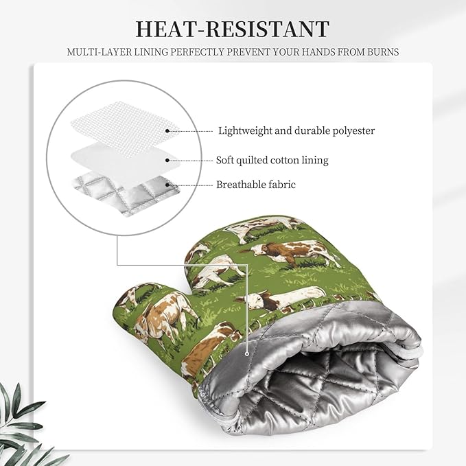 Heat Resistant Oven Mitts 2 Pack, 500°F Silicone Oven Gloves with Non-Slip Grip, Soft Quilted Cotton Lining for Baking, Grilling, BBQ, Cooking (Cow Green)