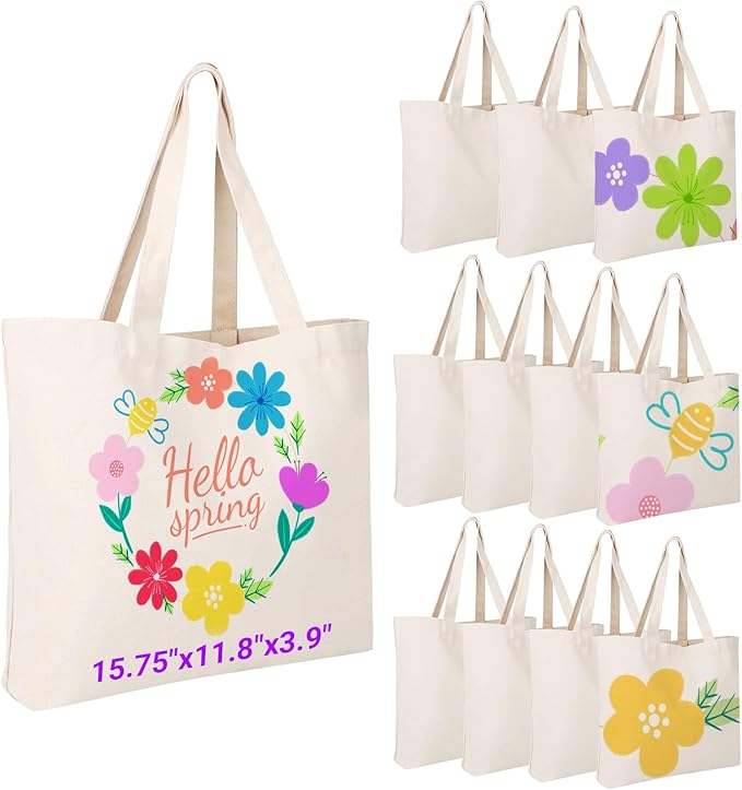 Segarty Small Canvas Tote Bag for Women, 12 Pack 15.75x11.8x3.9 Blank Canvas Tote Bags, Reusable Tote Bag with Natural Cotton and Shoulder Strap, Bulk for DIY, Grocery Shopping, Beach, Travel，Gift