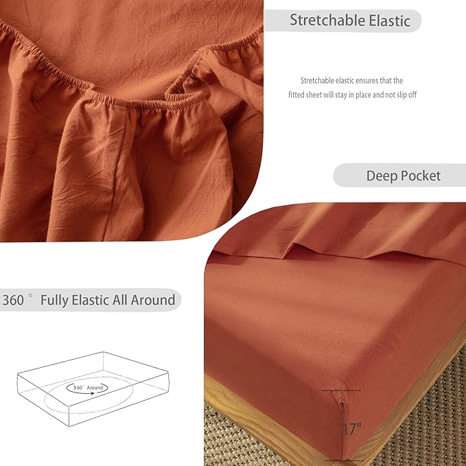 MooMee Bedding Sheet Set 100% Washed Cotton Linen Like Textured Breathable Durable Soft Comfy (Solid Rust Brown, Queen)