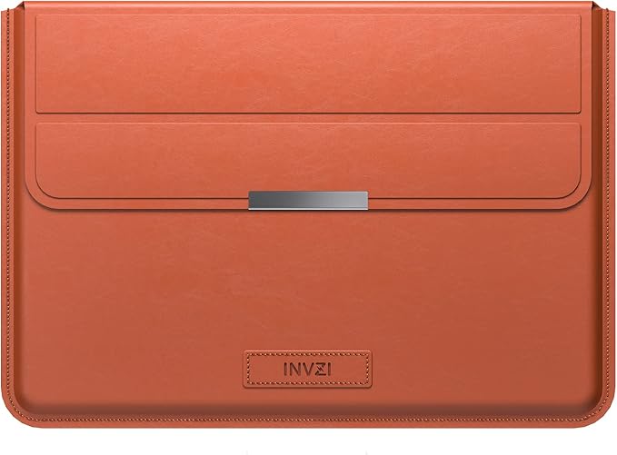 INVZI MacBook Sleeve, Vegan Leather Bag Compatible with 15”/16" MacBook Pro M3/M2/M1/Max 2024-2019, Compact Design with Invisible Stand (Saddle Brown)