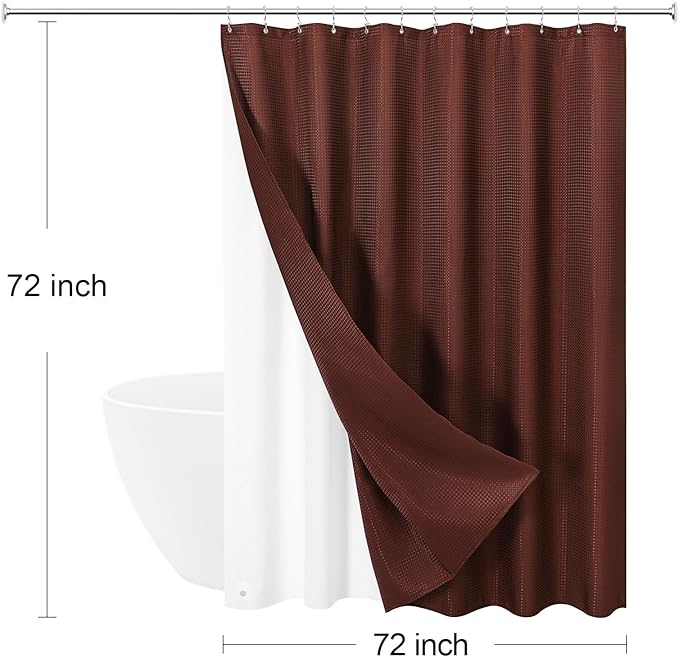 Craidlela 3 in 1 Shower Curtain Set, Brown Waffle Shower Curtain and PEVA Liner Set with 12 Stainless Steel Shower Curtain Hooks, Waterproof Fabric Shower Curtains for Bathroom, 72 W x 72 H