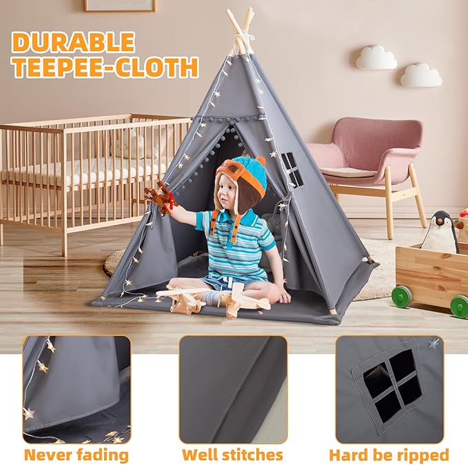 RONGFA Teepee Tent for Kids with Mat, Star Lights, Carry Case, Cotton Canvas Playhouse, Foldable Tents, Portable Children Play Tent Indoor Outdoor(Grey)