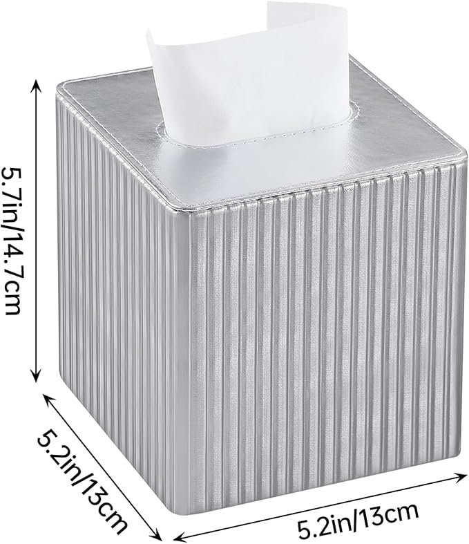 MEIBOOCH PU Leather Tissue Box Cover Square, Rectangle Tissue Box Holder with Magnetic Closure, Decorative Tissue Holder for Bathroom Bedroom Office (Shiny Silver, Square)