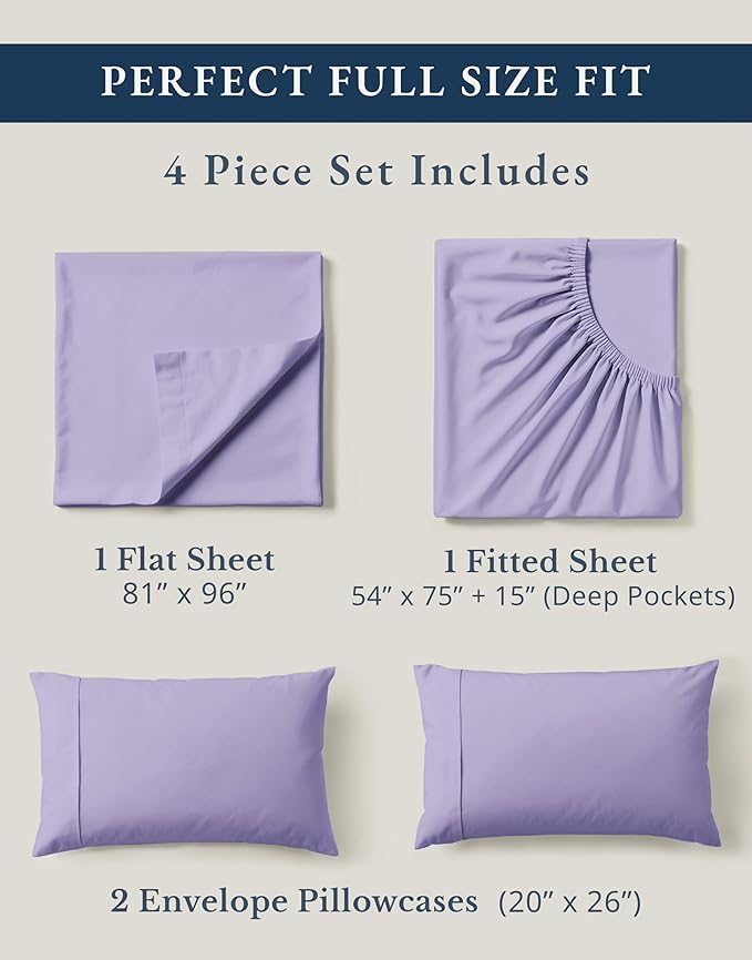 LANE LINEN 100% Organi Cotton Eco Friendly Bed Sheets Full Size, Fully Elasticized Naturally Cooling Soft & Comfy, Machine Washable Temperature Regulating Full Sheet Deep Pocket Bedding- Orchid Petal
